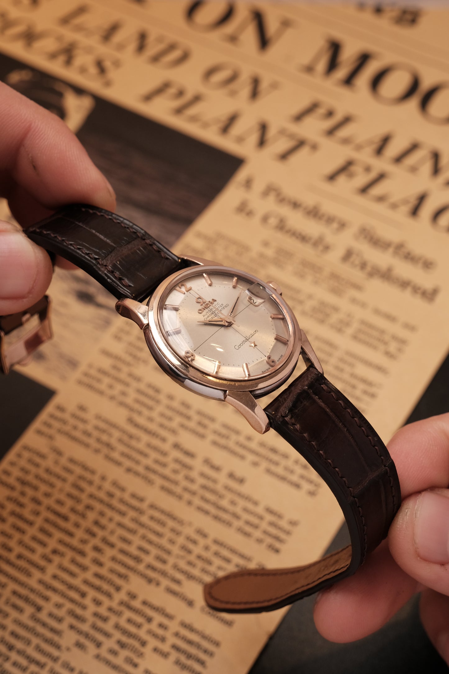 Vintage 1964 Omega Constellation Pie Pan Rose Gold Crosshair Dial  REF. 14393-10 SC (MOD CASE BACK)