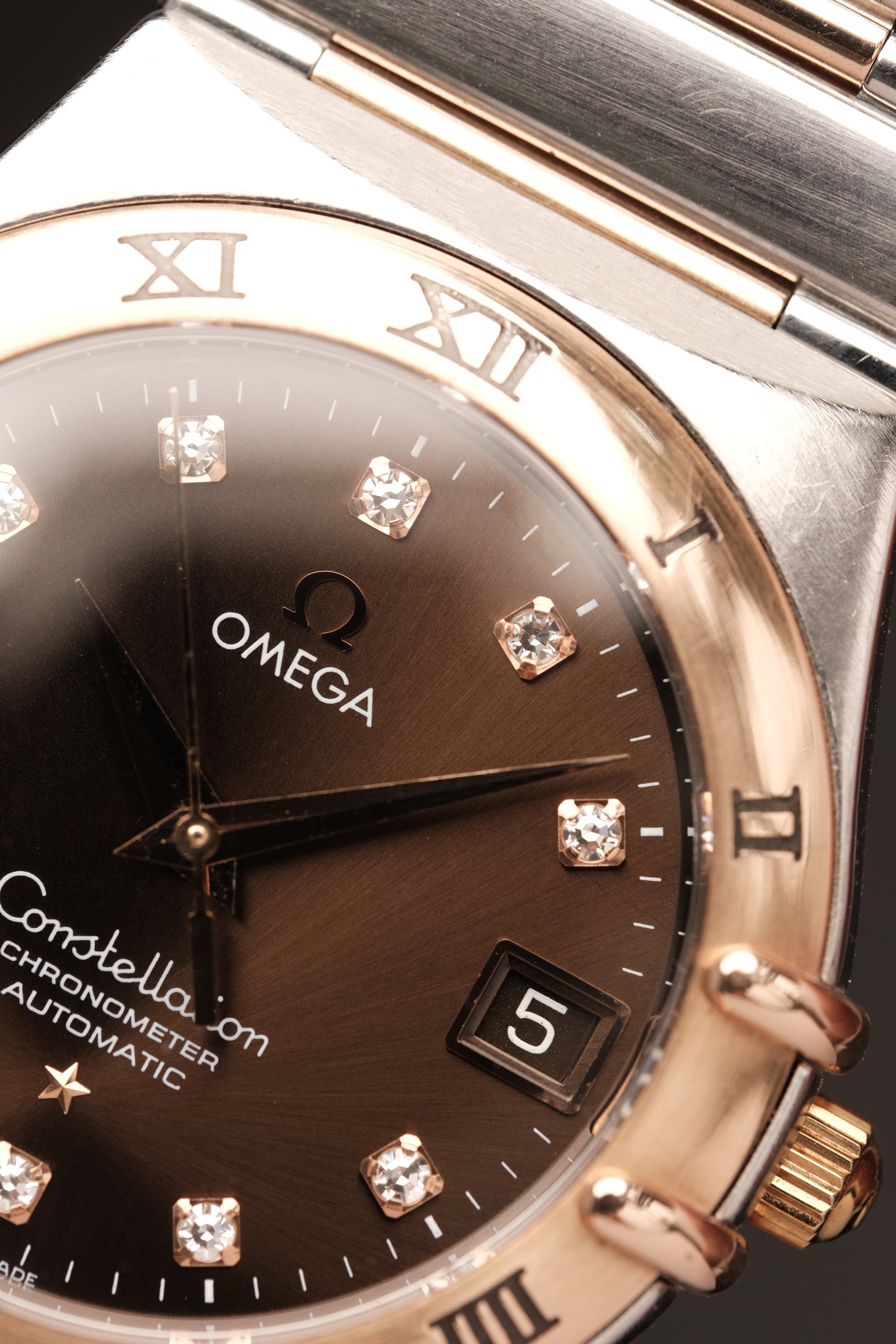 OMEGA WATCH CONSTELLATION 1301.60.00 - STAINLESS STEEL ROSE GOLD CHOCOLATE DIAMONDS (2000S)