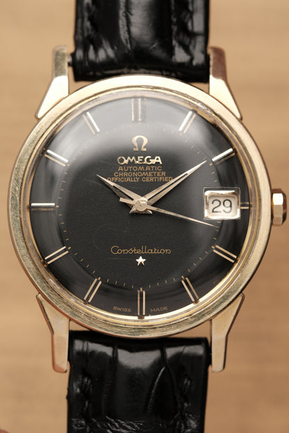 1966 OMEGA CONSTELLATION PIE PAN DOG LEG BLACK DIAL YELLOW GOLD AUTOMATIC CHRONOMETER REF. 168.005