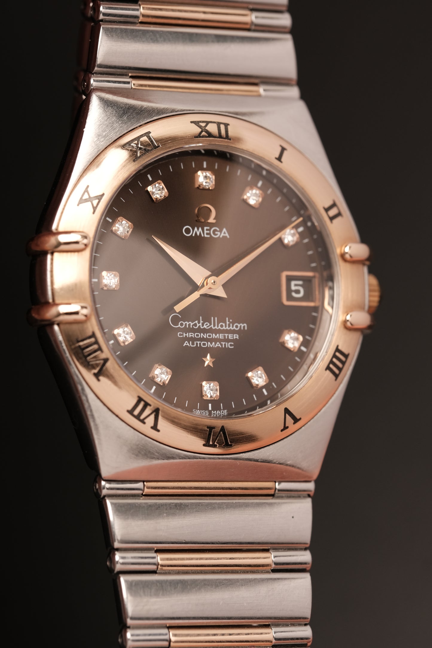 OMEGA WATCH CONSTELLATION 1301.60.00 - STAINLESS STEEL ROSE GOLD CHOCOLATE DIAMONDS (2000S)