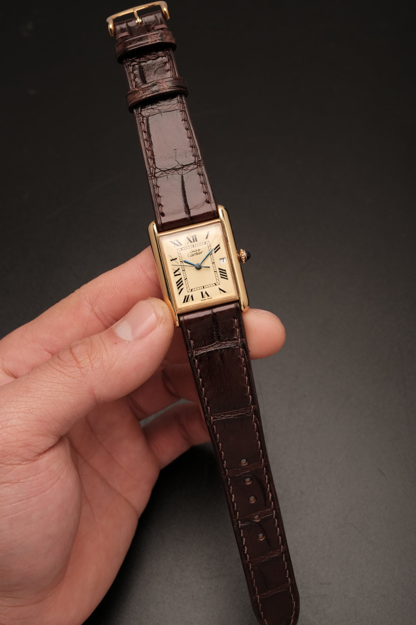Vintage Cartier Must De Tank (XL 26x34mm) ROMAN DIAL QUARTZ Ref.2413 + Dark Brown Strap