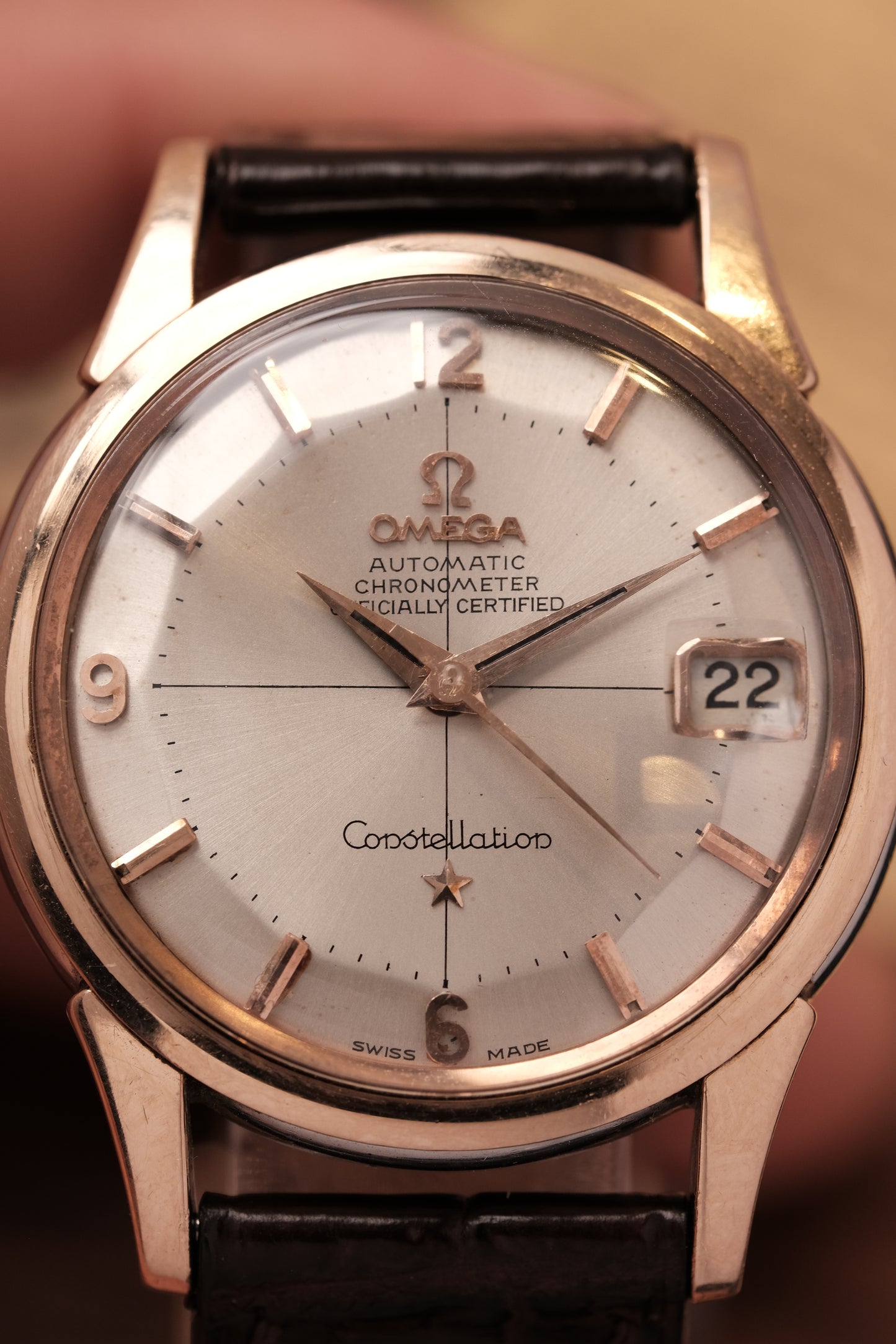 Vintage 1964 Omega Constellation Pie Pan Rose Gold Crosshair Dial  REF. 14393-10 SC (MOD CASE BACK)