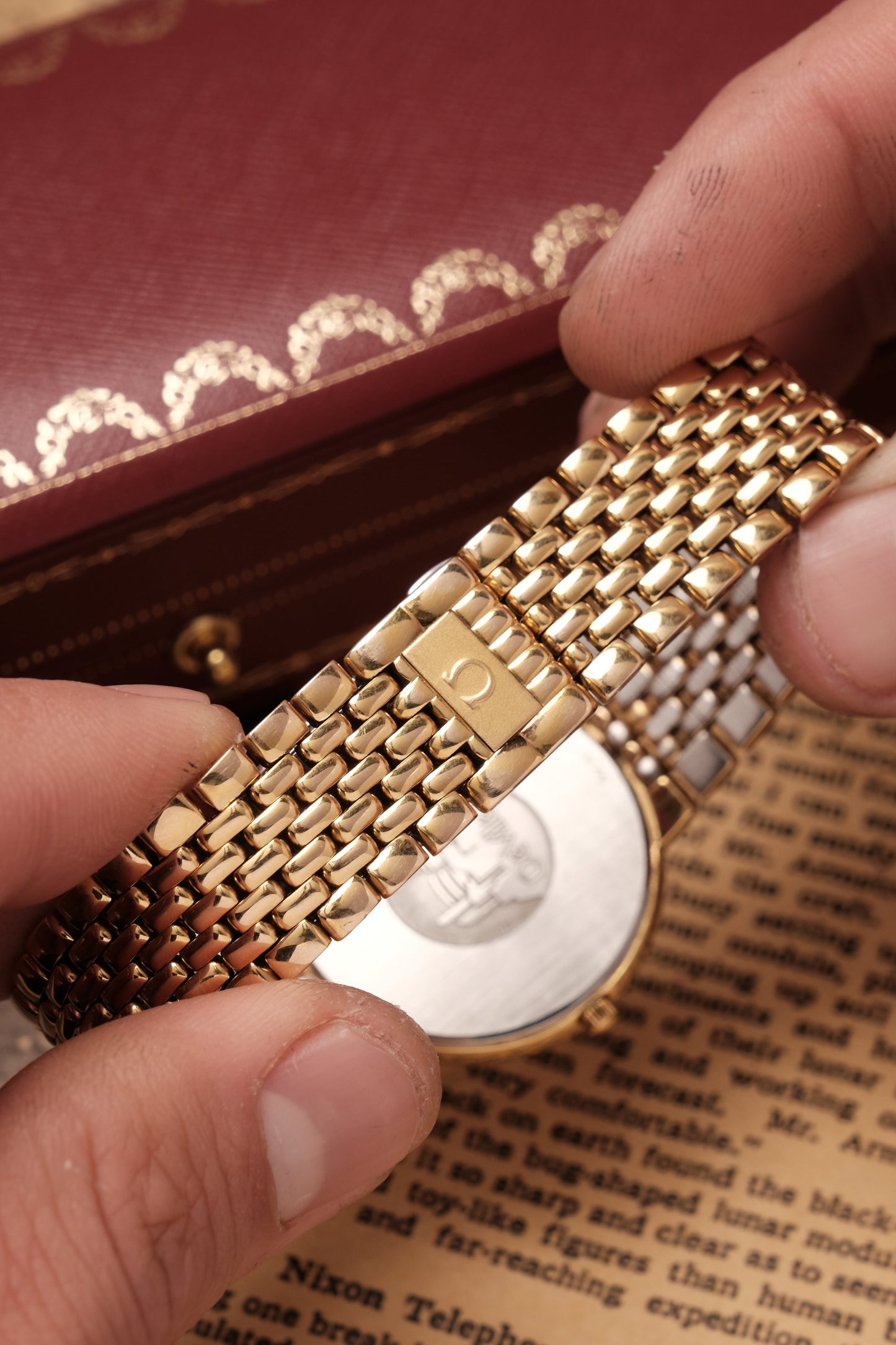 1990's (New Old Stock) Omega De Ville 395 0875.2 Quartz Gold Plated Integrated Bracelet