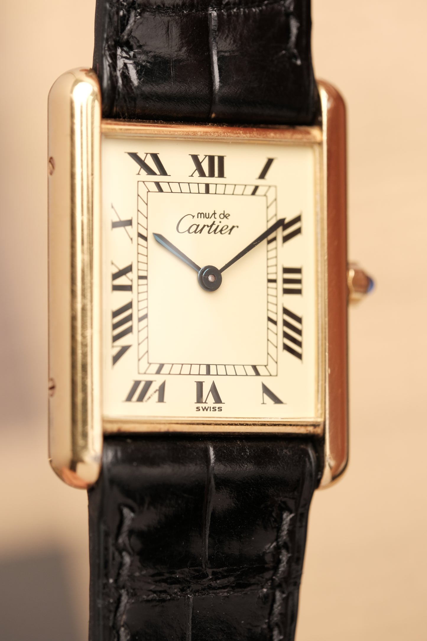 CARTIER MUST DE TANK VERMEIL (LM 23x31mm) ROMAN DIAL QUARTZ + Black Strap