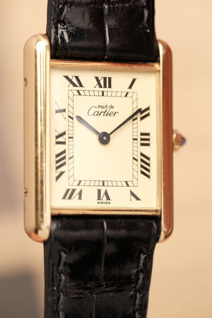 CARTIER MUST DE TANK VERMEIL (LM 23x31mm) ROMAN DIAL QUARTZ + Black Strap
