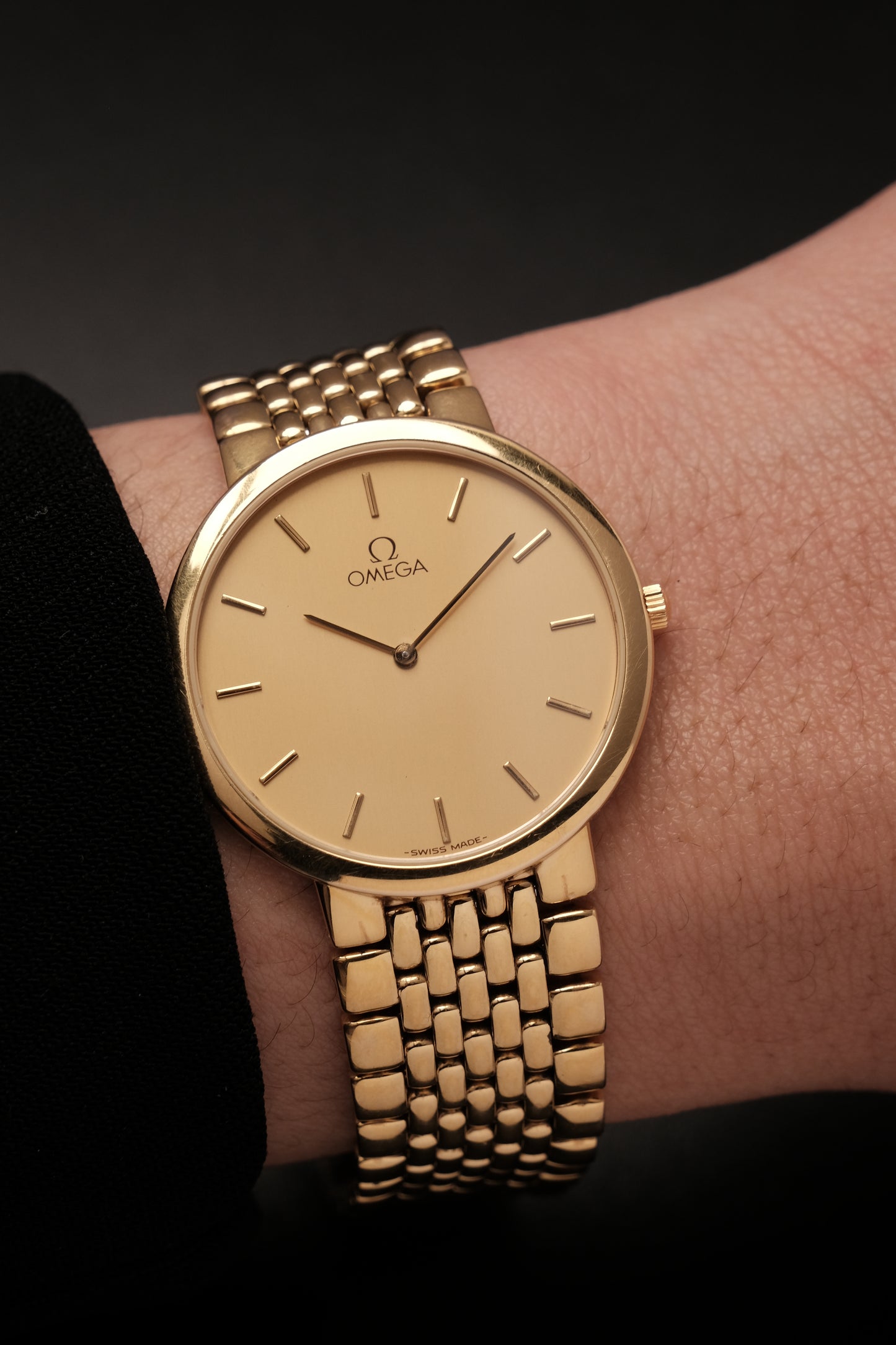 1990's (New Old Stock) Omega De Ville 395 0875.2 Quartz Gold Plated Integrated Bracelet