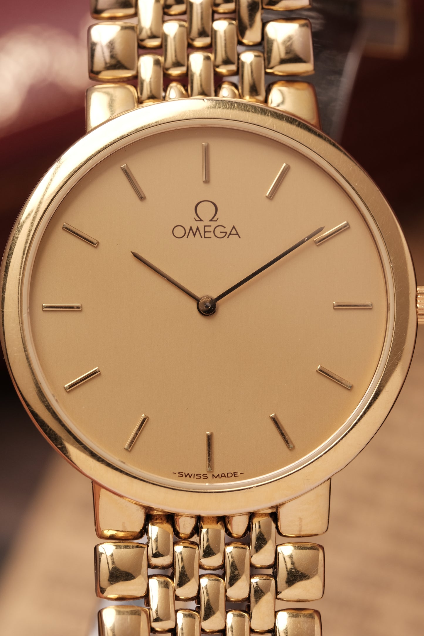 1990's (New Old Stock) Omega De Ville 395 0875.2 Quartz Gold Plated Integrated Bracelet