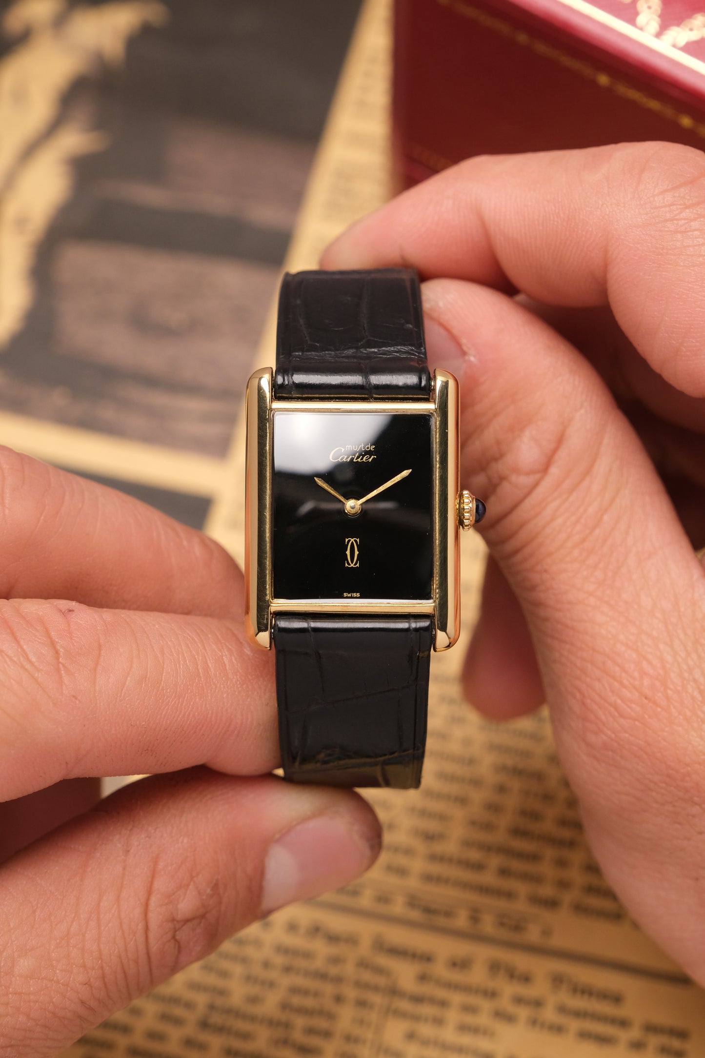CARTIER MUST DE CARTIER TANK 23x31 Hand Winding VERMEIL Black DIAL REF. 6 062961