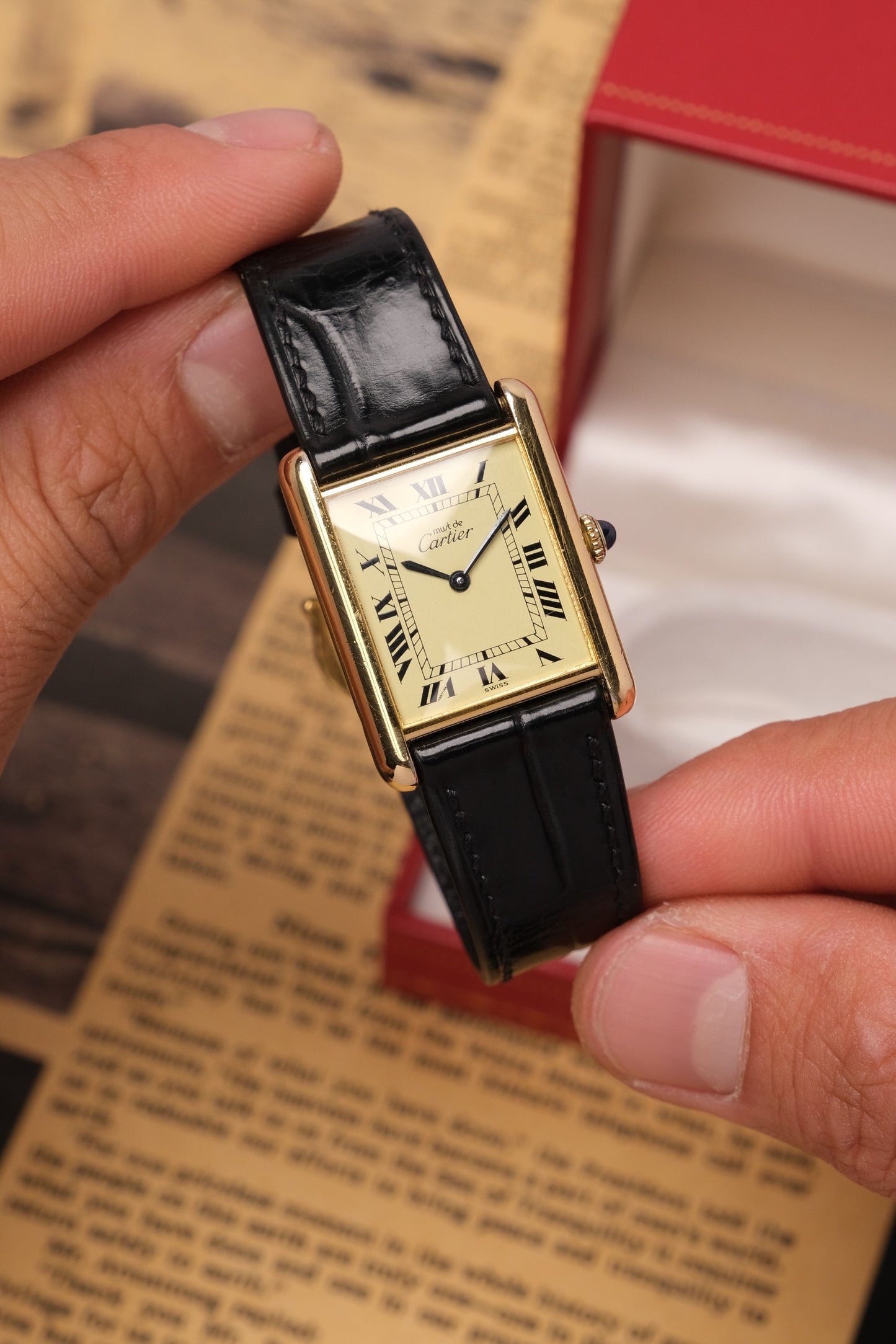 1990's CARTIER MUST DE CARTIER TANK VERMEIL ROMAN DIAL Manual Winding 23MM + Box