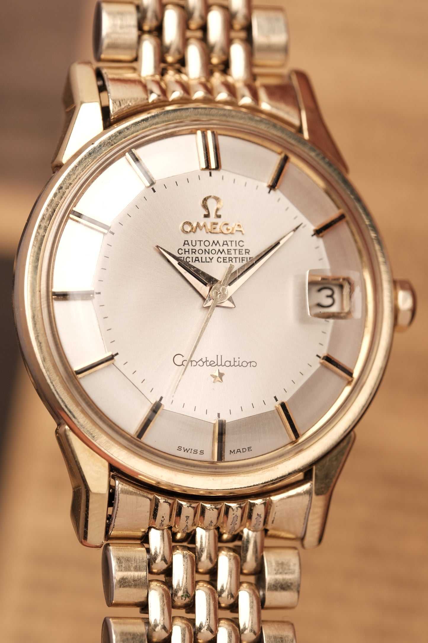 1966 OMEGA CONSTELLATION PIE PAN DOG LEG White Dial AUTOMATIC REF. 168.005 + BOX + Beads of rice bracelet