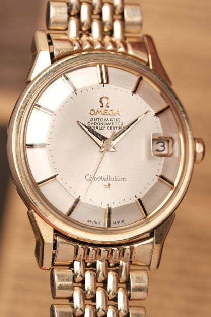 1966 OMEGA CONSTELLATION PIE PAN DOG LEG White Dial AUTOMATIC REF. 168.005 + BOX + Beads of rice bracelet