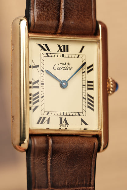 CARTIER MUST DE TANK VERMEIL (LM 23x31mm) ROMAN DIAL QUARTZ + Coffee Strap