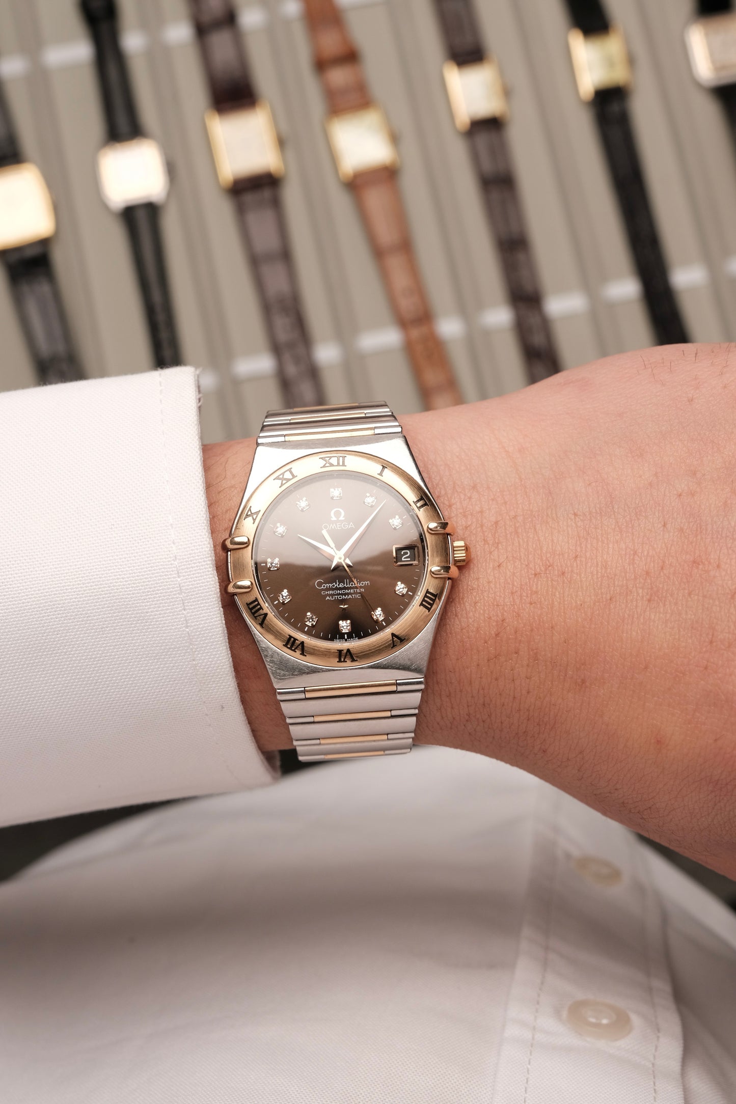 OMEGA WATCH CONSTELLATION 1301.60.00 - STAINLESS STEEL ROSE GOLD CHOCOLATE DIAMONDS (2000S)