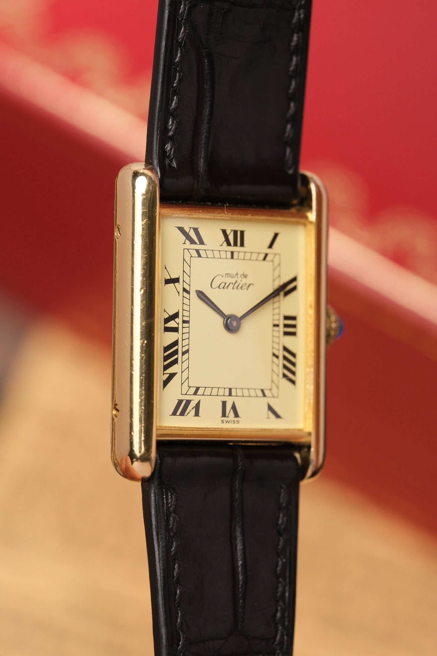 1990's CARTIER MUST DE CARTIER TANK VERMEIL ROMAN DIAL Manual Winding 23MM + Box