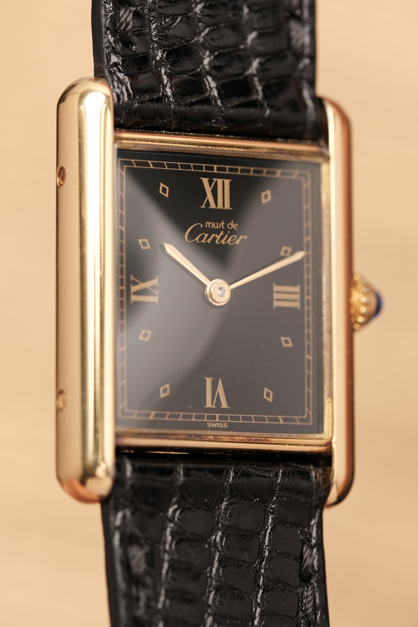 CARTIER MUST DE TANK VERMEIL (LM 23x31mm)Black Glossy Art Deco Dial 1990s Ref. 590005