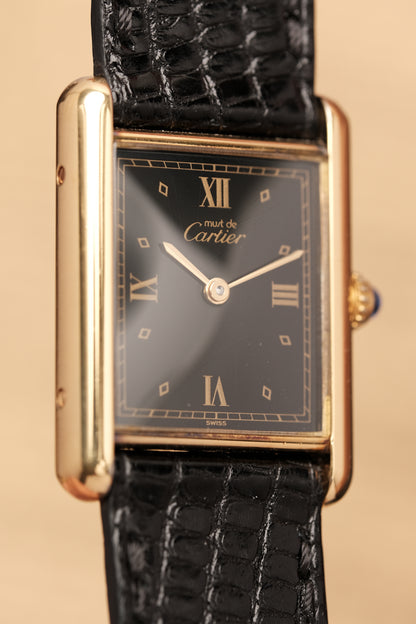 CARTIER MUST DE TANK VERMEIL (LM 23x31mm)Black Glossy Art Deco Dial 1990s Ref. 590005