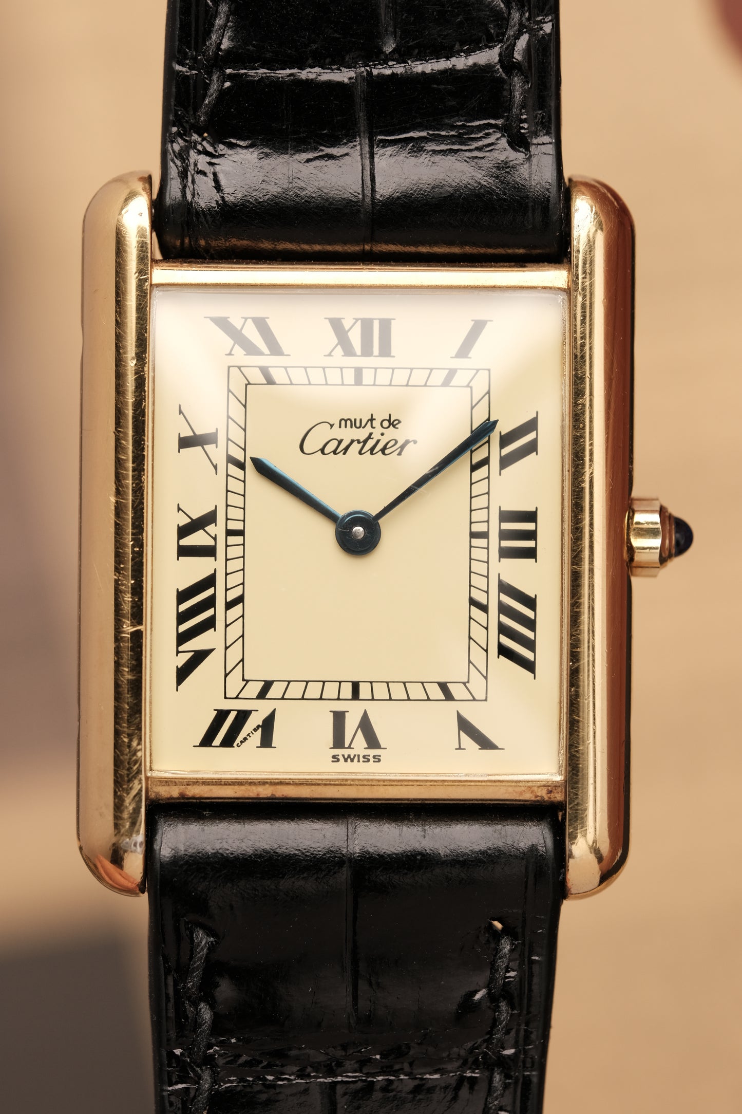 CARTIER MUST DE TANK VERMEIL (LM 23x31mm) ROMAN DIAL QUARTZ + Black Strap
