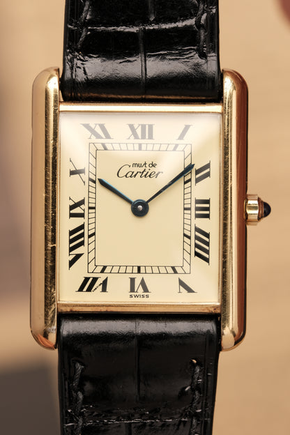CARTIER MUST DE TANK VERMEIL (LM 23x31mm) ROMAN DIAL QUARTZ + Black Strap