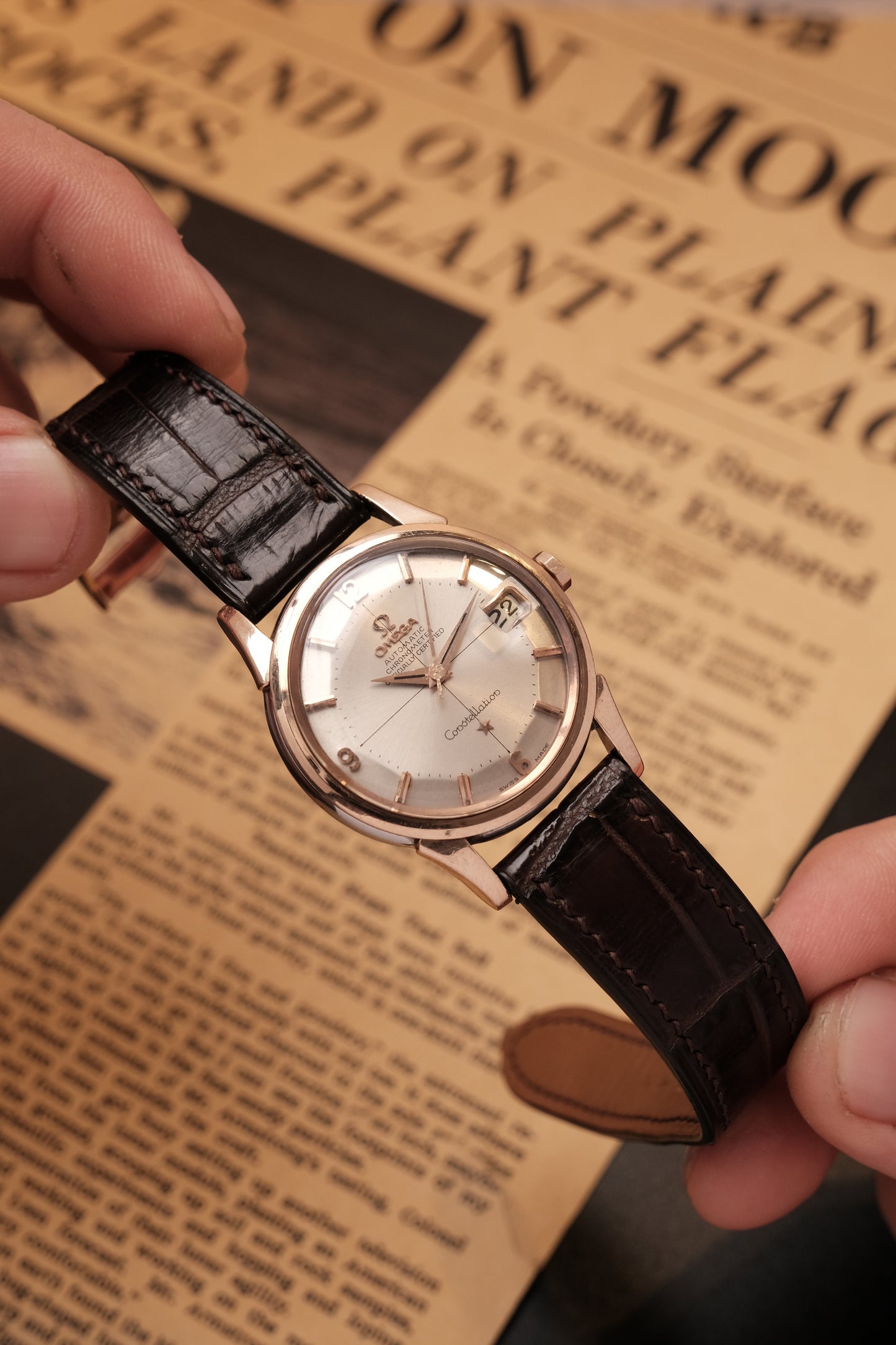 Vintage 1964 Omega Constellation Pie Pan Rose Gold Crosshair Dial  REF. 14393-10 SC (MOD CASE BACK)