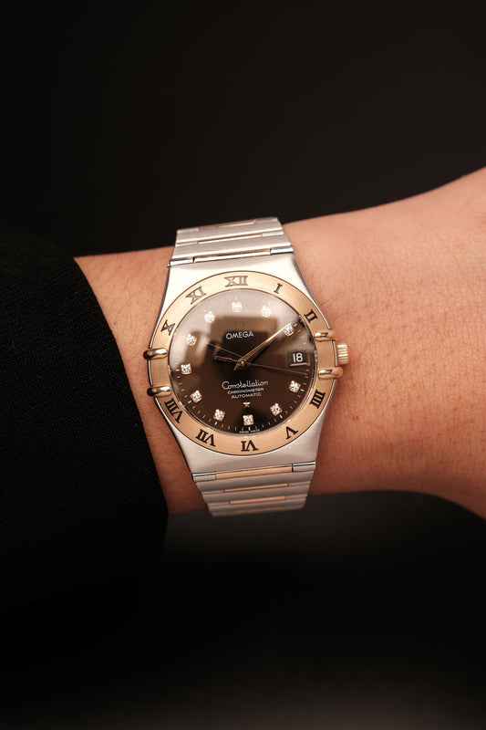 OMEGA WATCH CONSTELLATION 1301.60.00 - STAINLESS STEEL ROSE GOLD CHOCOLATE DIAMONDS (2007)