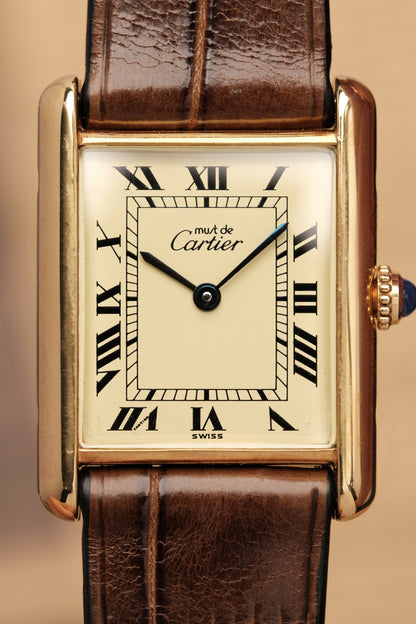 CARTIER MUST DE TANK VERMEIL (LM 23x31mm) ROMAN DIAL QUARTZ + Coffee Strap