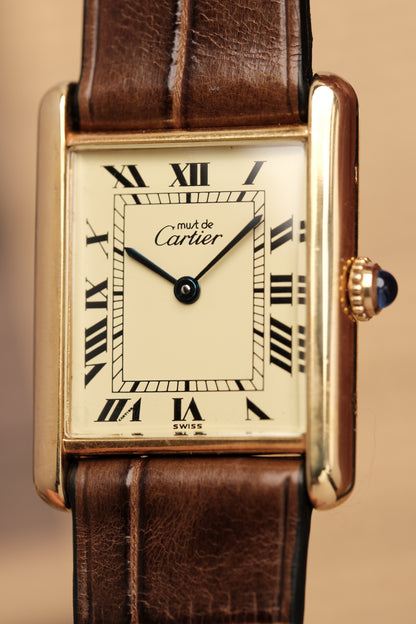 CARTIER MUST DE TANK VERMEIL (LM 23x31mm) ROMAN DIAL QUARTZ + Coffee Strap
