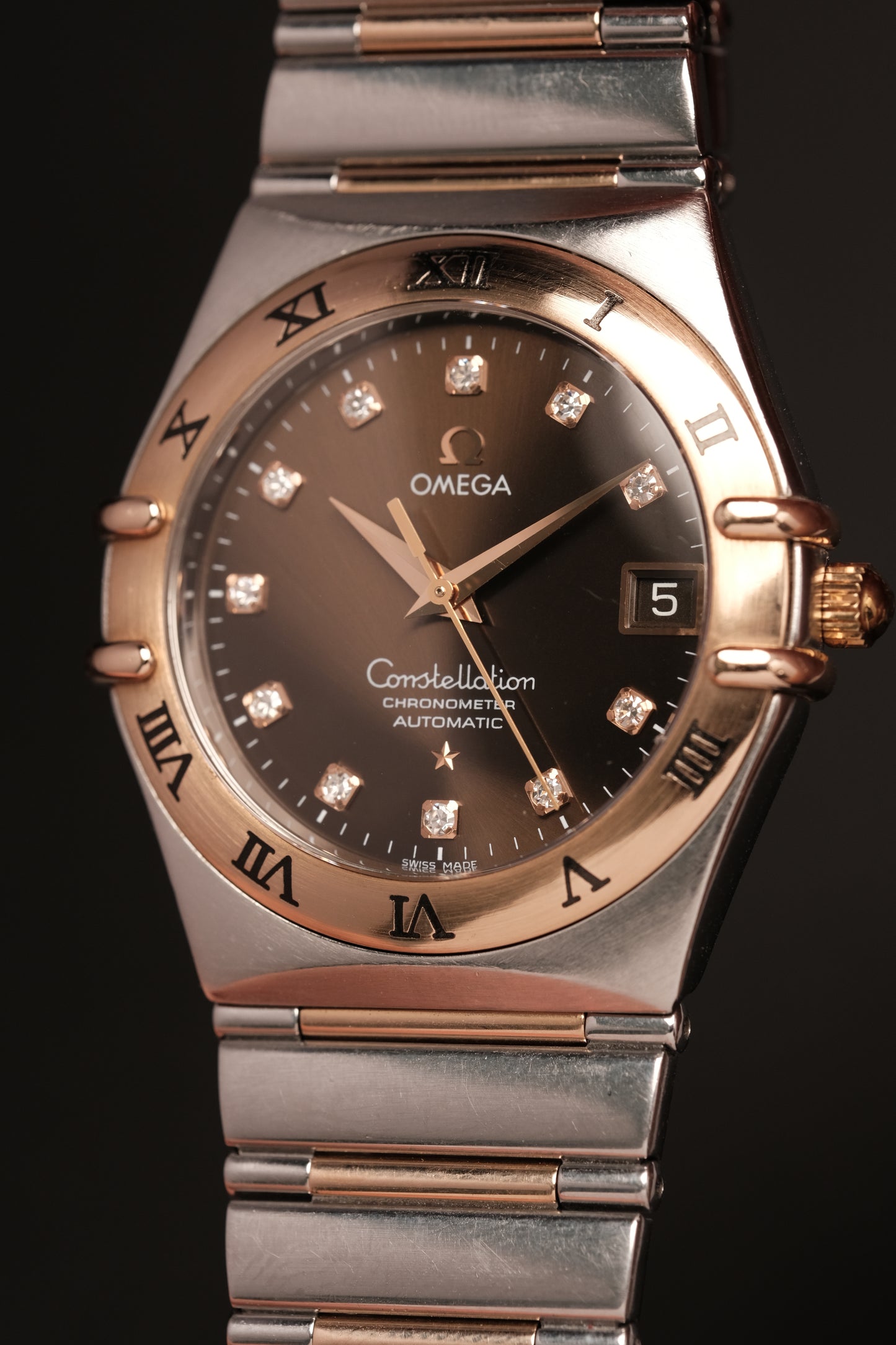 OMEGA WATCH CONSTELLATION 1301.60.00 - STAINLESS STEEL ROSE GOLD CHOCOLATE DIAMONDS (2000S)