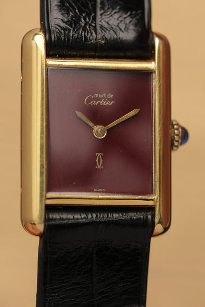 CARTIER MUST DE TANK VERMEIL (SM 20x28mm) BURGUNDY RED DIAL HAND WINDING