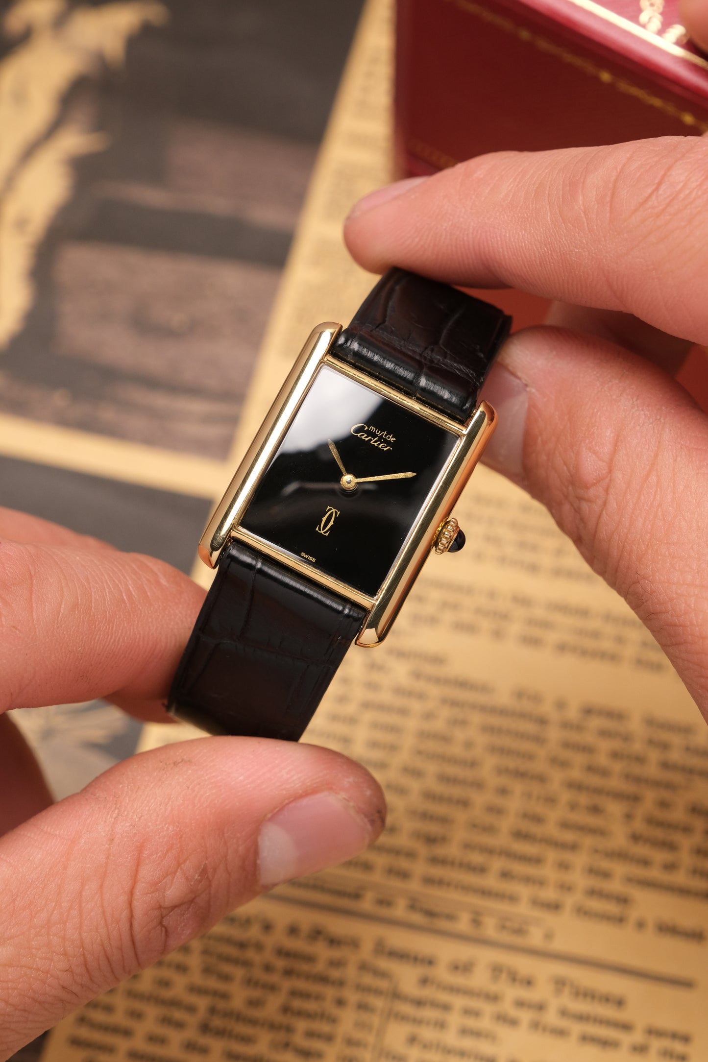CARTIER MUST DE CARTIER TANK 23x31 Hand Winding VERMEIL Black DIAL REF. 6 062961