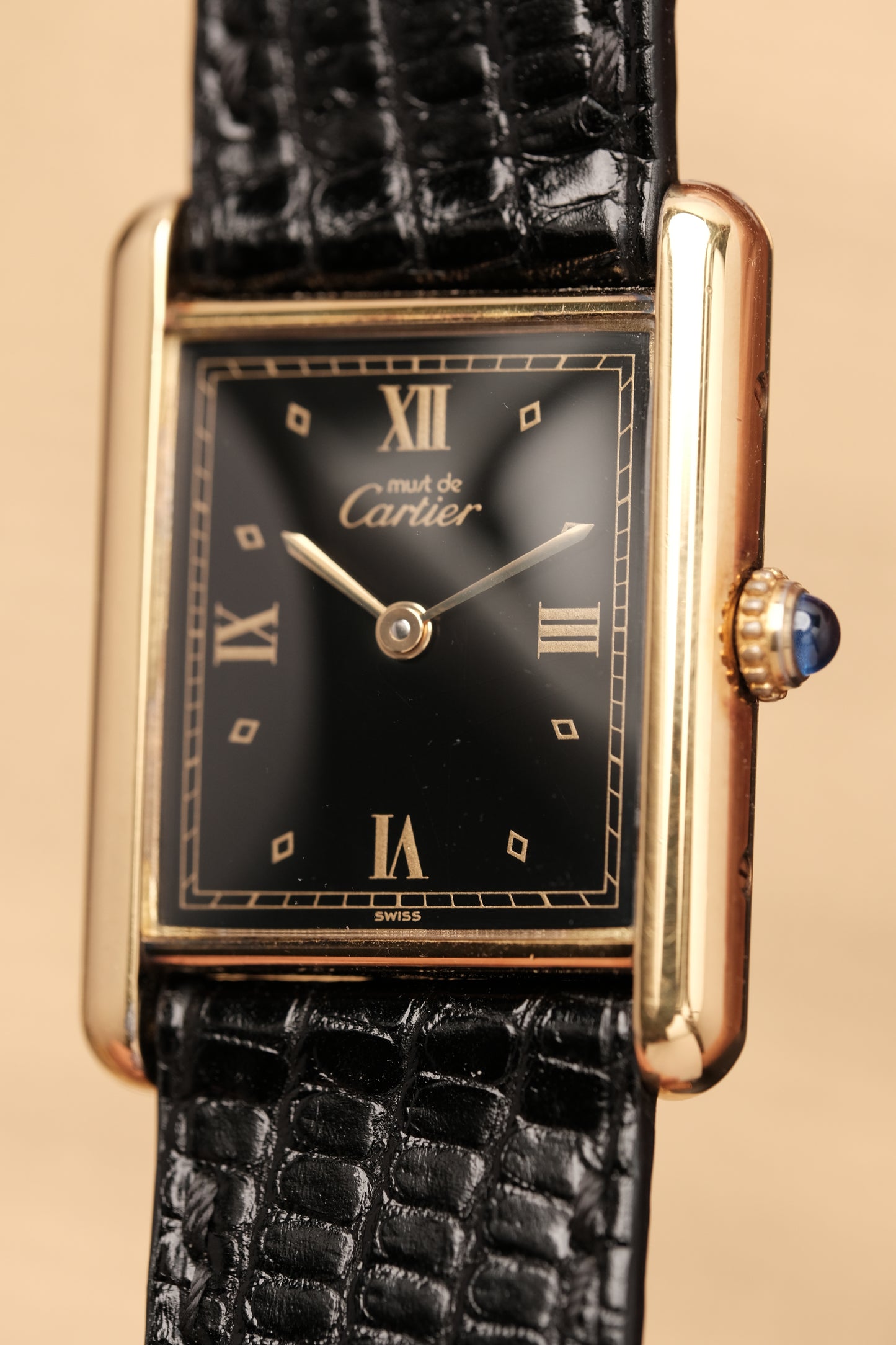 CARTIER MUST DE TANK VERMEIL (LM 23x31mm)Black Glossy Art Deco Dial 1990s Ref. 590005